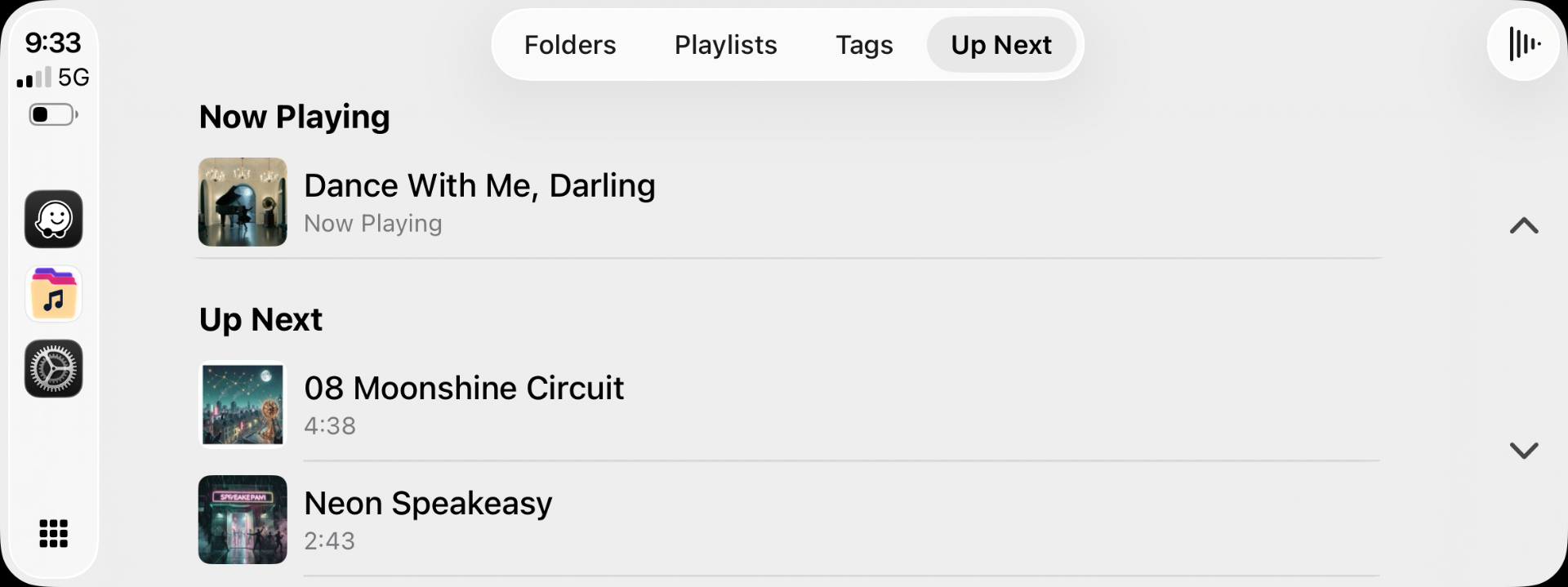 CarPlay Up Next tab showing current track and queue