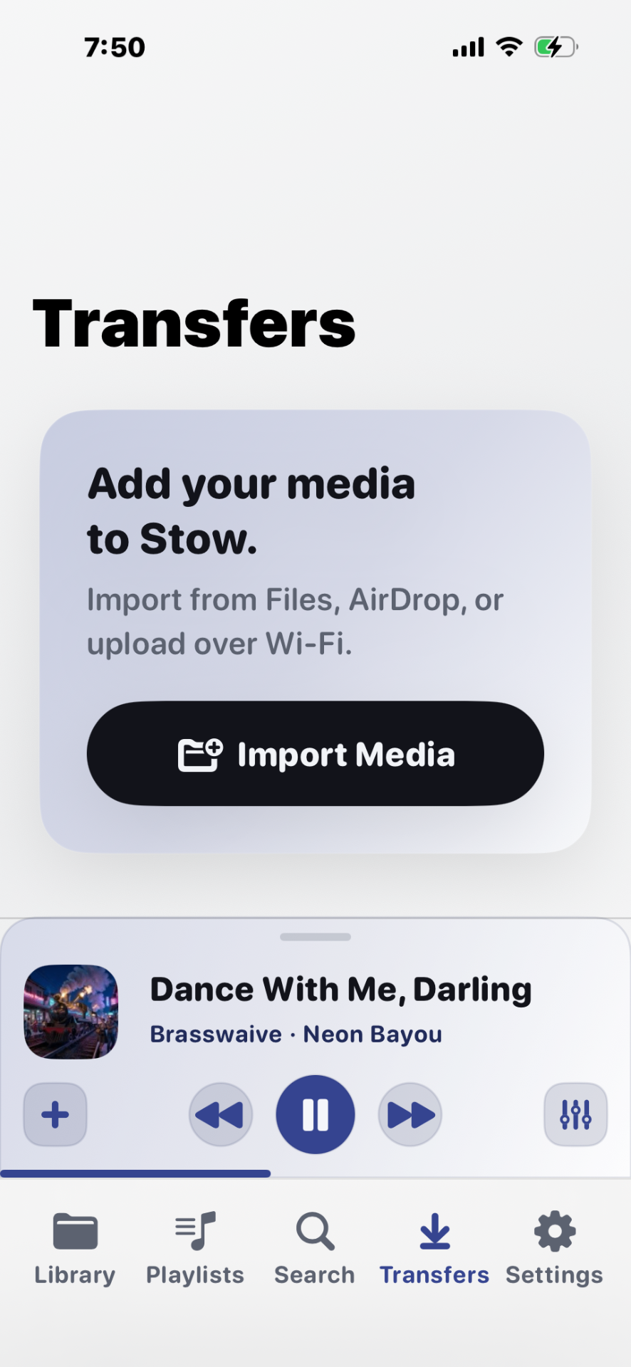 Stow Transfers screen with Import Media button